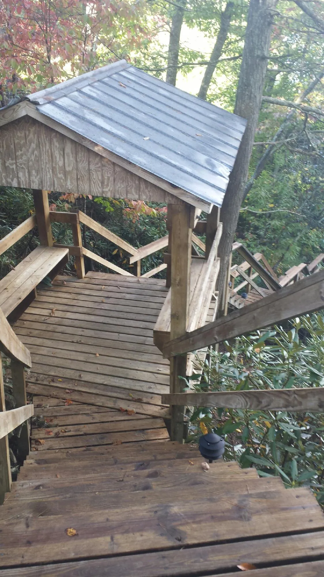 Metal roofed shelter over wooden steps on a wooded walkway — Skylight Repair & Installation work by our crew in Lynn
